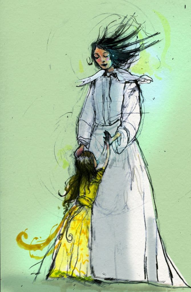 An illustration of Queen Genevieve and Princess Alyss holding hands with a green background by artist Catia Chien, based on "The Looking Glass Wars" series by Frank Beddor.