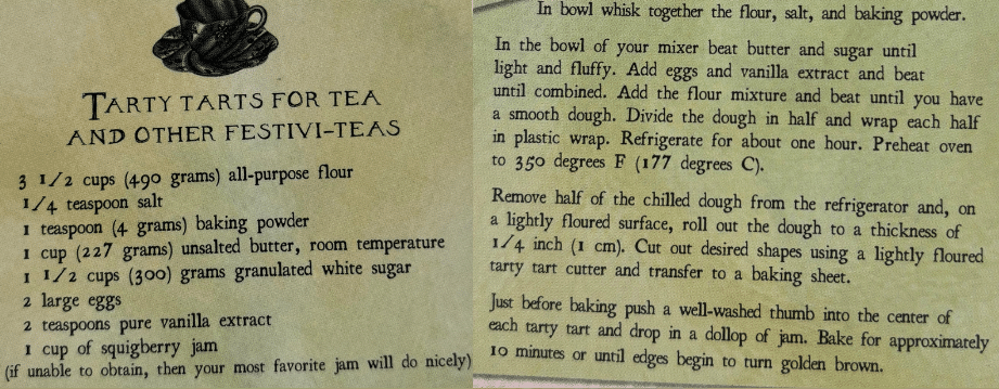 A recipe for Tarty Tarts, a desert pastry created by Frank Beddor in "The Looking Glass Wars" novel series.