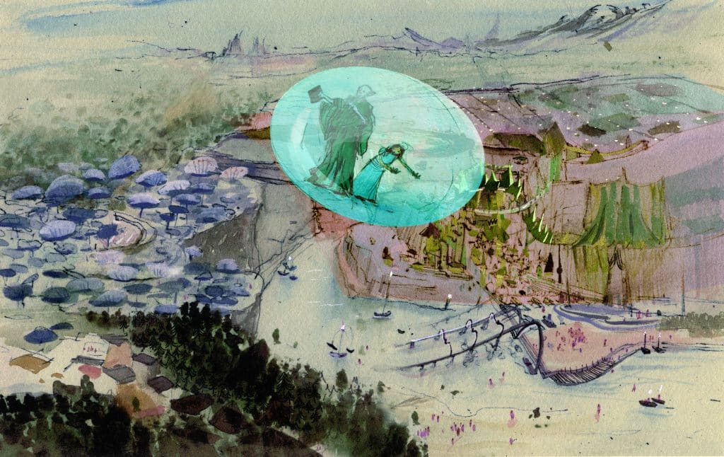 An illustration of Princess Alyss and Royal Tutor Bibwit Harte floating over Wonderland in a translucent blue bubble by artist Catia Chien, based on "The Looking Glass Wars" series by Frank Beddor.