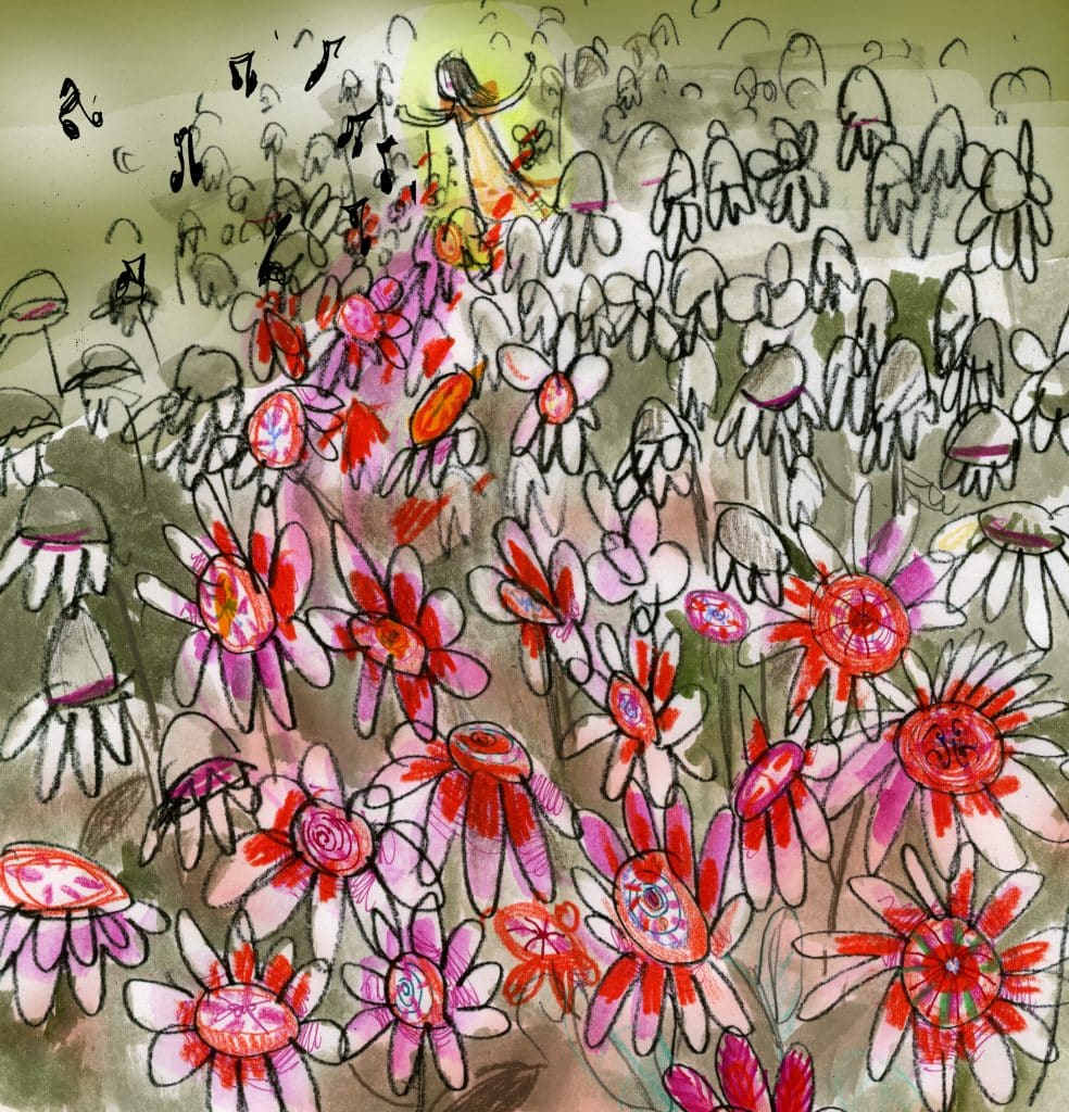 An illustration of red and purple singing flowers with Princess Alyss in the background, by artist Catia Chien, based on "The Looking Glass Wars" series by Frank Beddor.