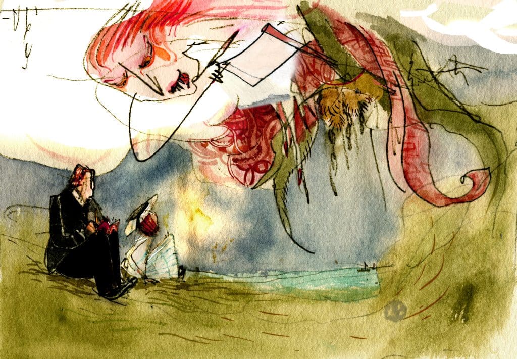 Watercolor painting with ink by artist Catia Chen depicting Lewis Carroll and Princess Alyss on the bank of the River Thames with the specter of Queen Redd looming over them. Based on the novel "The Looking Glass Wars" by Frank Beddor.