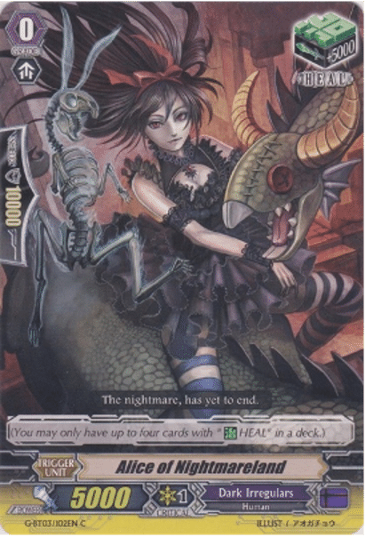 The "Alice of Nightmareland" trading card, featuring a woman in a black dress on the back of a Jabberwock, from the Bushiroad trading card game Cardfight!! Vanguard