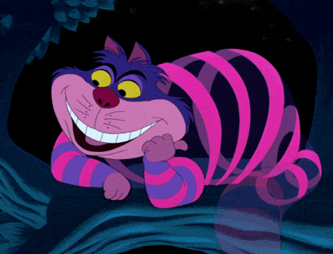 A gif from the 1951 Disney animated film "Alice in Wonderland" featuring the Cheshire Cat disappearing into a smile.