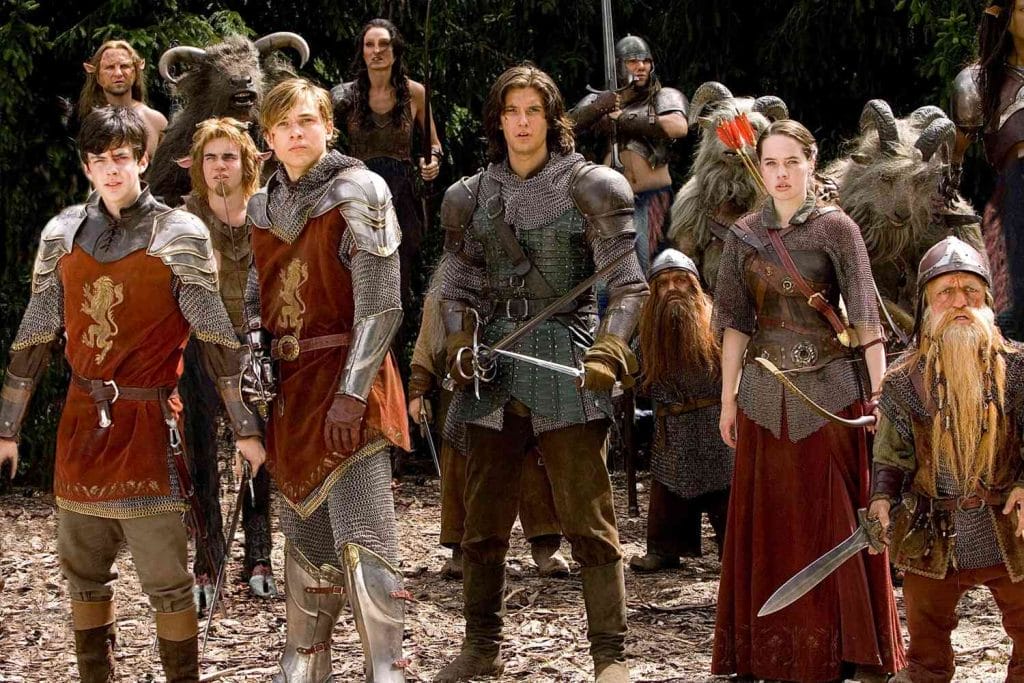 Still image from the 2005 high fantasy film "The Chronicles of Narnia: Prince Caspian" featuring Skandar Keynes, William Moseley, Ben Barnes, and Anna Popplewell.