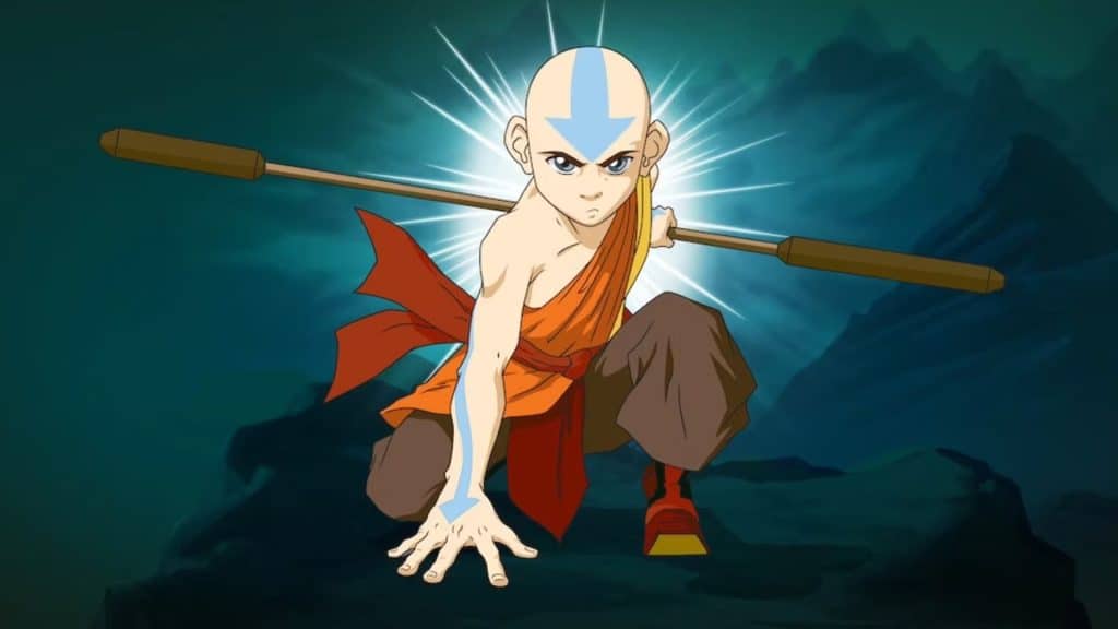 Still image from the animated TV series "Avatar: The Last Airbender" featuring Aang crouched and holding a staff.